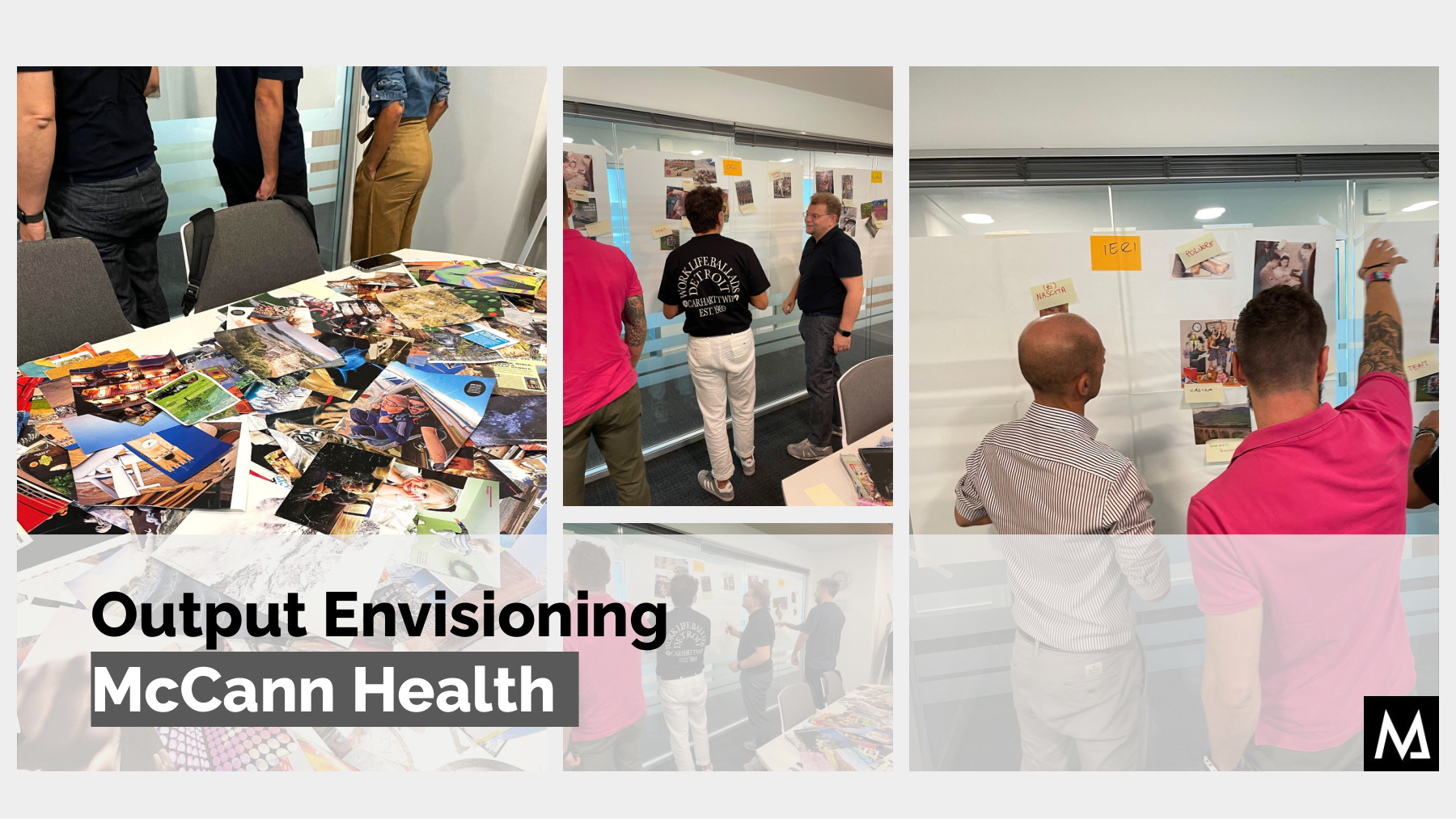 Workshop di envisioning McCann Health — team al lavoro con immagini e post-it